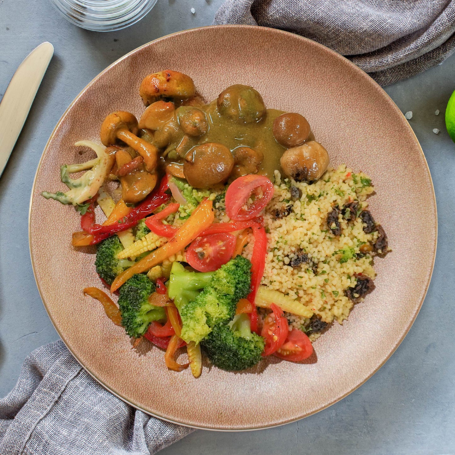 A. Indian Curry Mushrooms W/ Raisin Couscous Mix Rice And Raita Dressing