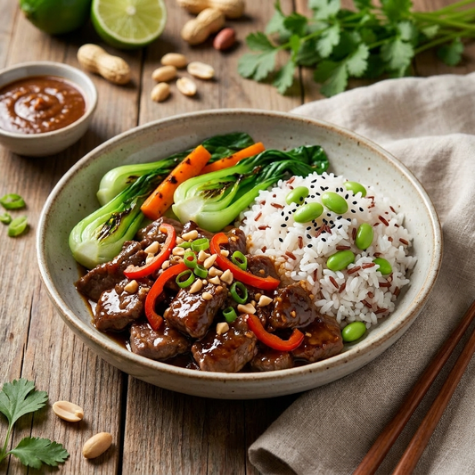 Satay Beef W/ Seasonal Vegetables And Edamame Mix Grain