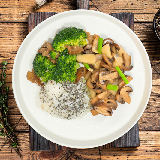 C. Sautee Ginger And Scallion Mushrooms W/ Asian Greens And Jasmine Rice