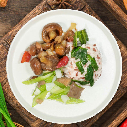 D. Shanghainese Chilli Mushrooms W/ Seasonal Vegetables And Shanghai Style Vegetable Rice