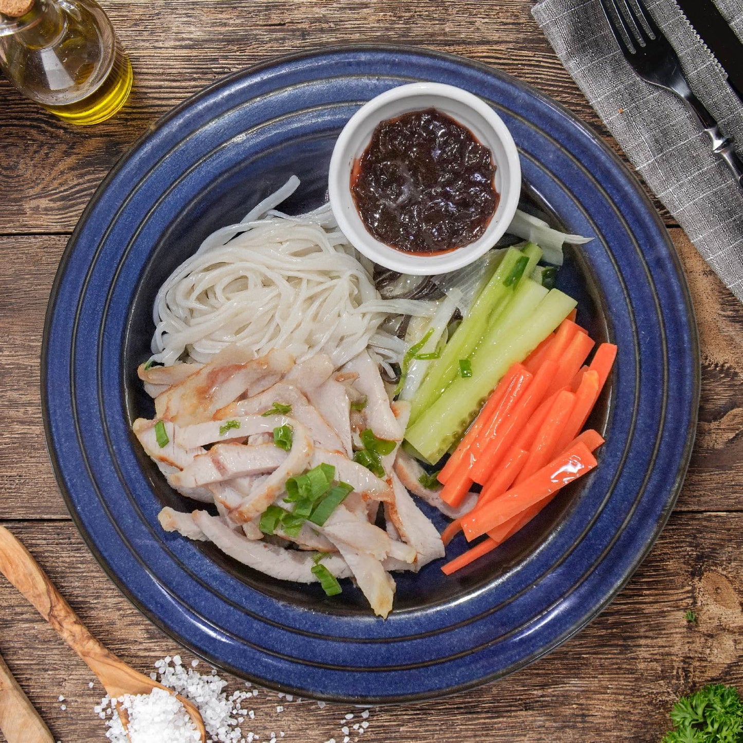D. Shredded Pork Loin W/ Asian Greens And Chinese Noodles