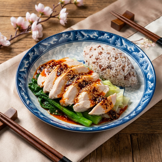 Sichuan Ma La Chicken Breast w/ Dried Scallops, Asian Greens And Taro Mix Grains