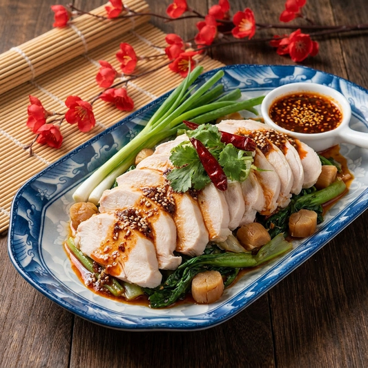 Sichuan Ma La Chicken Breast w/  Dried Scallops, Asian Greens