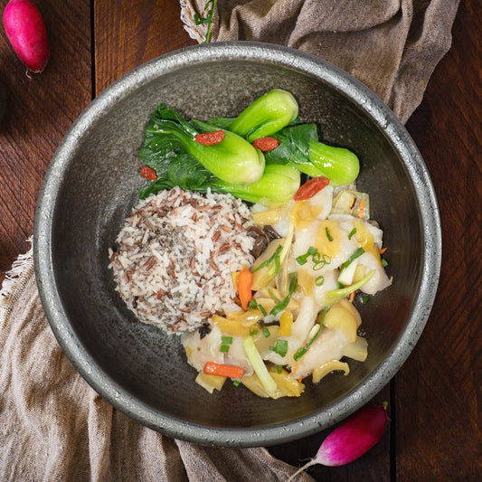 Stir Fry Fish Fillet with Sichuan Pickles, Sauteed Greens And Mixed Grain Rice
