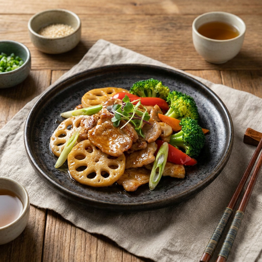 Stirfried Lean Pork W/ Lotus Roots, Seasonal Vegetables