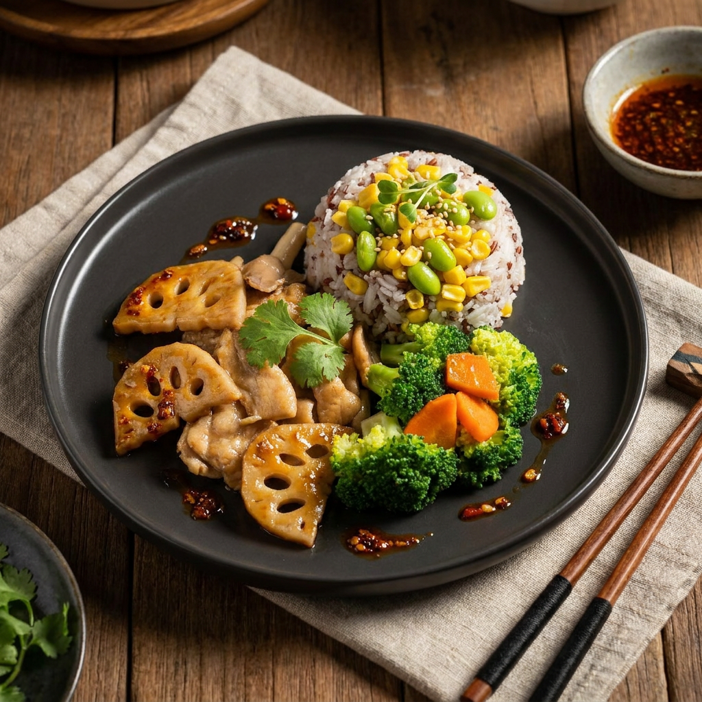Stirfried Lean Pork W/ Fermented Beancurd Sauce, Seasonal Vegetables And Healthy Fried Mix Grain