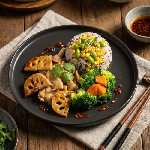 Stirfried Lean Pork W/ Lotus Roots, Seasonal Vegetables And Healthy Fried Mix Grain