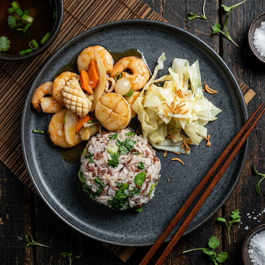 Taiwanese Style Braised Mix Seafood W/ Seasonal Vegetable And Vegetable Mix Grain Rice