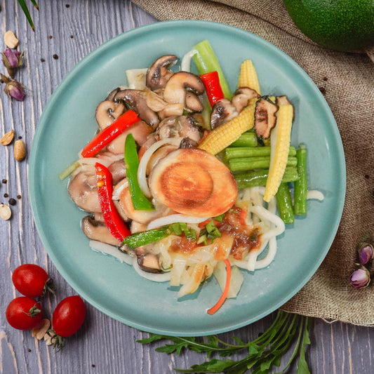 Three Cup Asian Mushrooms W/ Mixed Peppers, Sauteed Vegetables, Marinated Egg And Chinese Style Noodles
