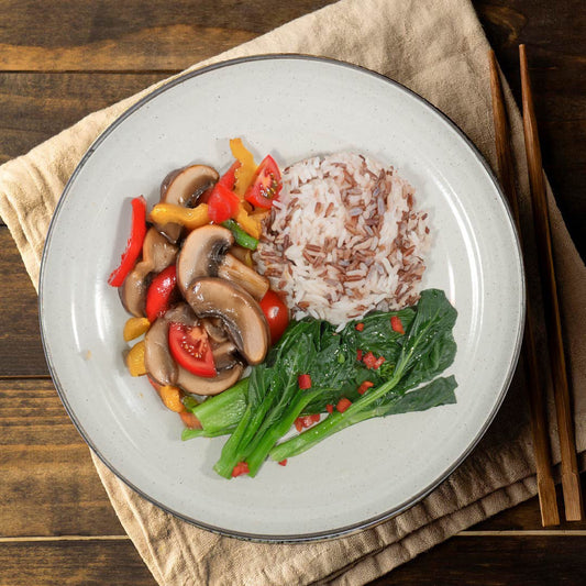 Tomato Garlic Stirfry Mushrooms W/ Seasonal Greens And Mix Grain Rice