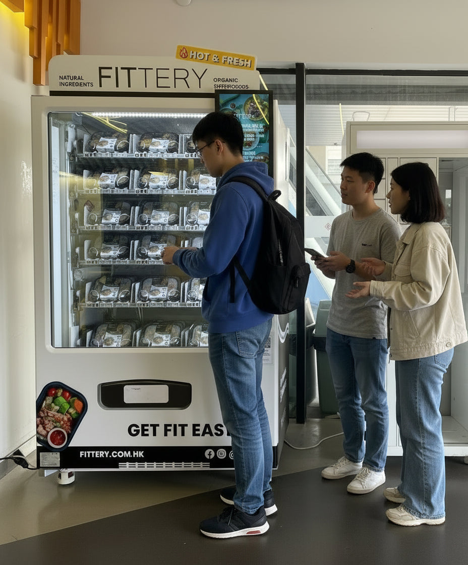 People standing in front of a Fittery vending machine in an indoor setting.