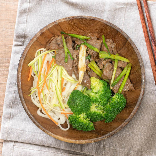 Stir Fry Beef W/ Chinese Leeks, Sauteed Greens And Chinese Noodles
