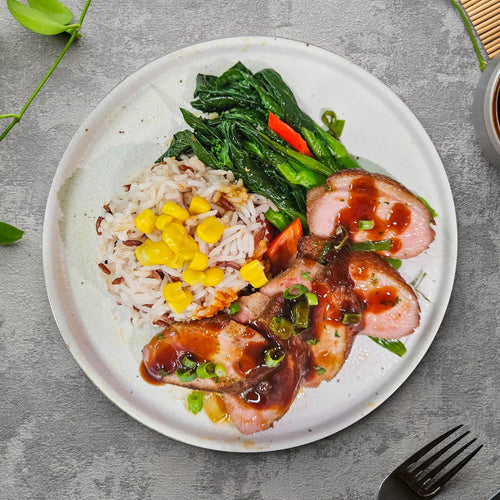 Ground Chilli Bean Sauce Marinated Duck Breast W/ Seasonal Vegetables And Corn Mix Grain Rice