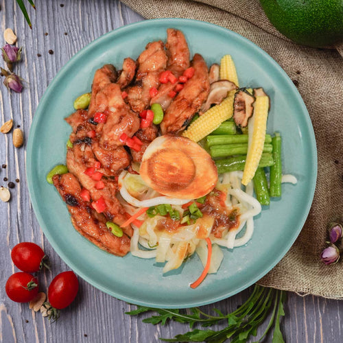 Three Cup Chicken W/ Mixed Peppers, Sauteed Vegetables, Marinated Egg And Chinese Style Noodles
