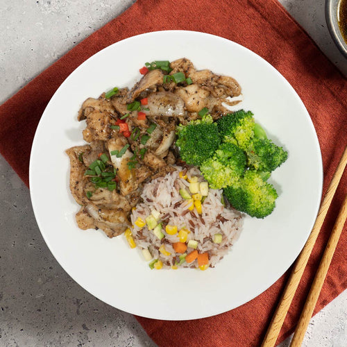Black Pepper Chicken W/ Mix Onions, Seasonal Greens And Healthy Fried Rice