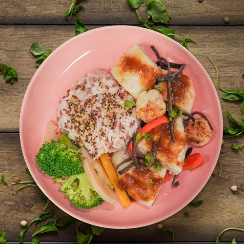 Sauteed Garlic Fish Fillet w/ Black Fungus, Seasonal Vegetable And Quinoa Mix Grain Rice