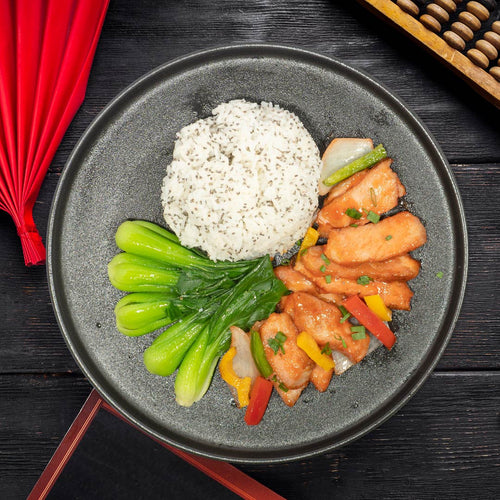 Sweet N Sour Pork Loin W/ Seasonal Vegetables And Chia Seeds Mix Grain Rice