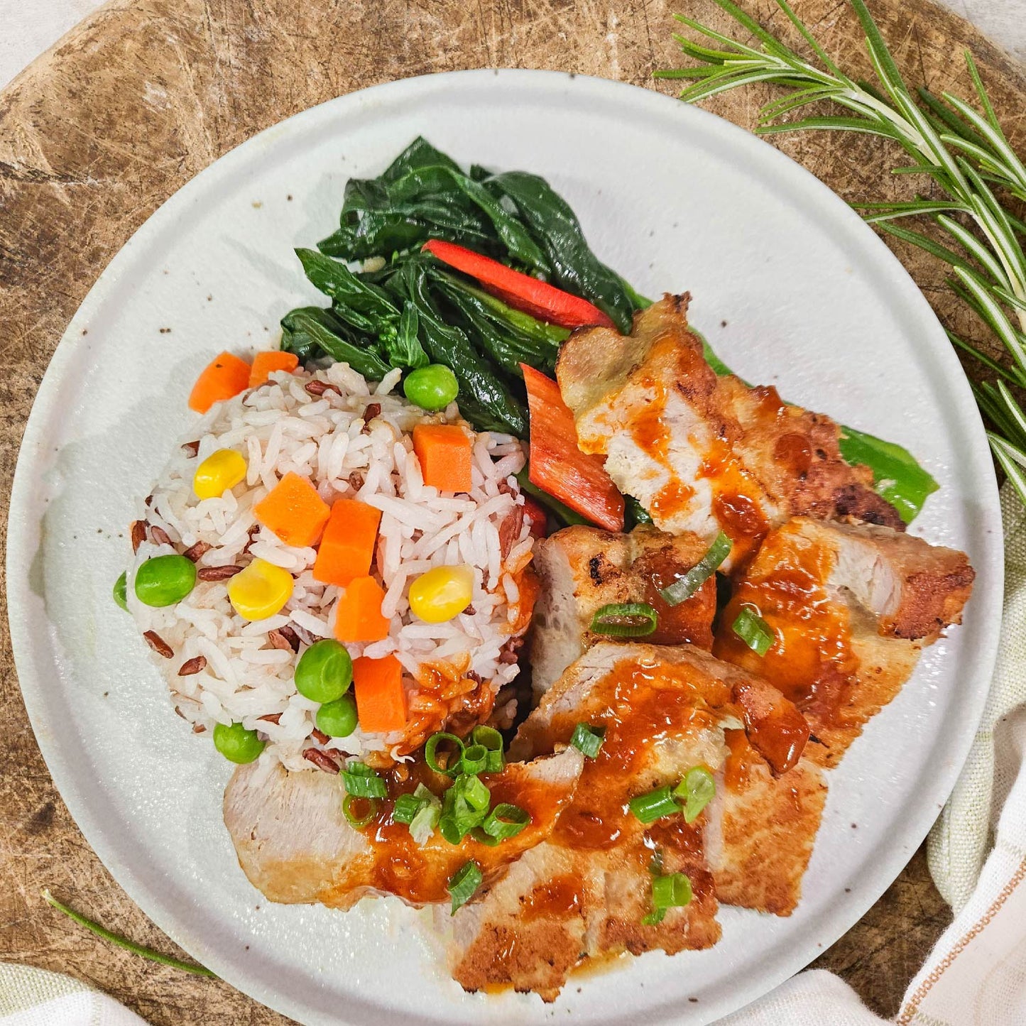 D. Honey Osmanthus Pork Loin W/ Seasonal Vegetables And Healthy Fried Rice