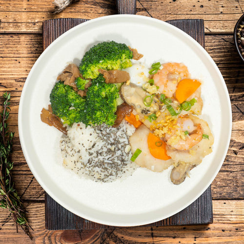Sautee Ginger And Scallion Seafood W/ Asian Greens And Quinoa Rice