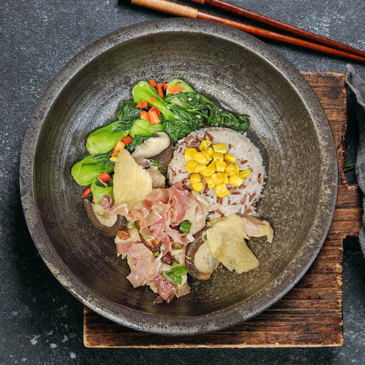 A. Braised Chicken W/ Mushroom, Bamboo Pith, Parma Ham And Seasonal Vegetables W/ Corn Mix Rice