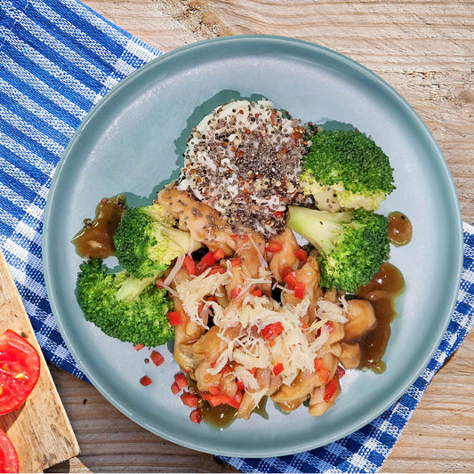 C. Low Fat Skinless Fortune Chicken W/ Master Braised Sauce, Seasonal Vegetables And Jasmine Rice