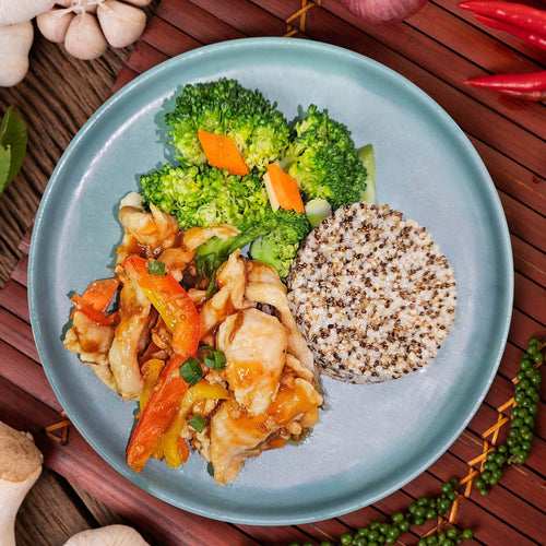 Braised Chicken w/ Sea Whelk in Abalone Sauce, Seasonal Vegetables And Quinoa Rice