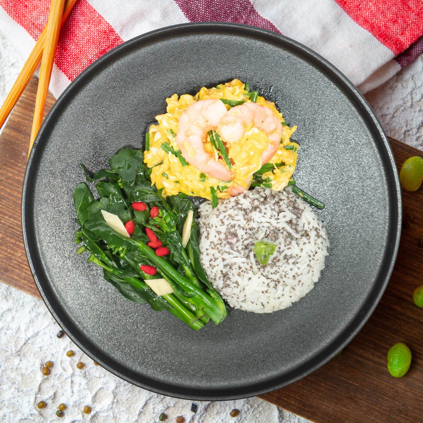 C. Stir Fried Egg W/ Shrimp And Chives, Seasonal Vegetables And Jasmine Rice