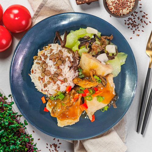 Braised Fish W/ Mushroom, Seasonal Vegetable And Lentil Rice