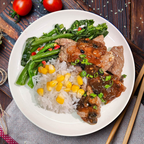 Black Bean Tangerine Stir Fry Beef W/ Seasonal Vegetable And Corn Mix Grains Rice