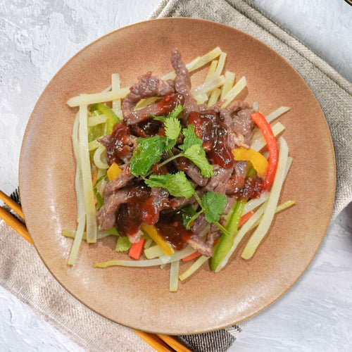 Cilantro Chilli Beef W/ Stir Fried Vegetables And Sliced Potatoes