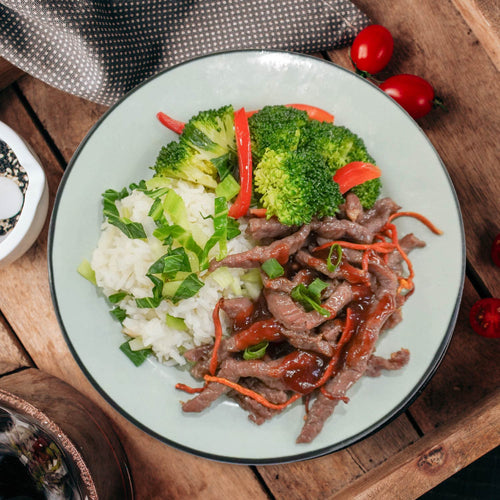Chinese Style Sweet N Sour Beef Rump W/ Chinese Greens And Shanghai Vegetable Rice