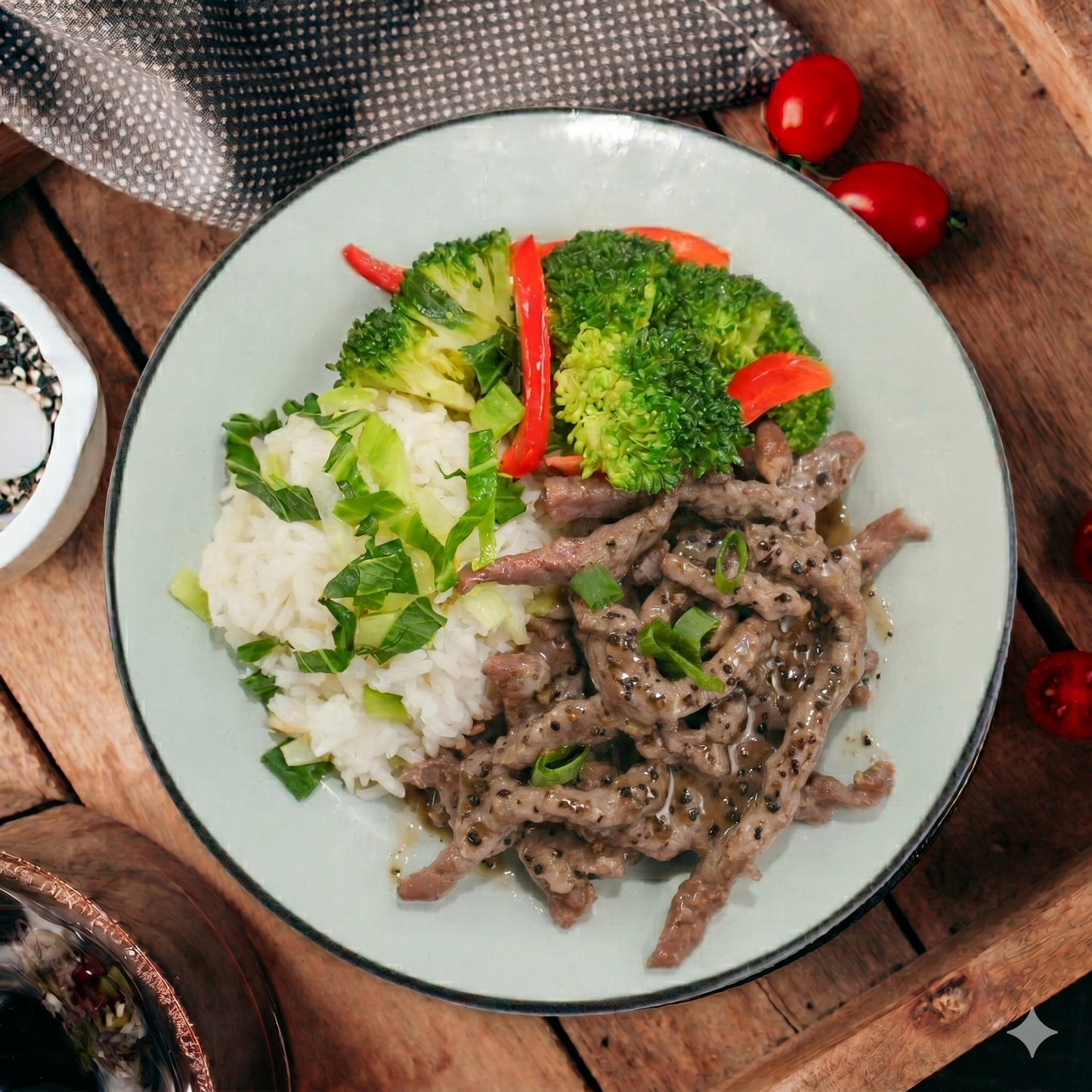Black Pepper Beef Rump W/ Chinese Greens And Shanghai Vegetable Rice