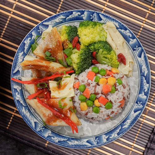 Braised Fish Fillet W/ Stir Fried Vegetables, Healthy Fried Rice and Tangerine Peel and Oyster Sauce