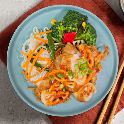 Kung Pao Pork Loin W/ Lotus Root, Seasonal Vegetables And Healthy Rice Noodles