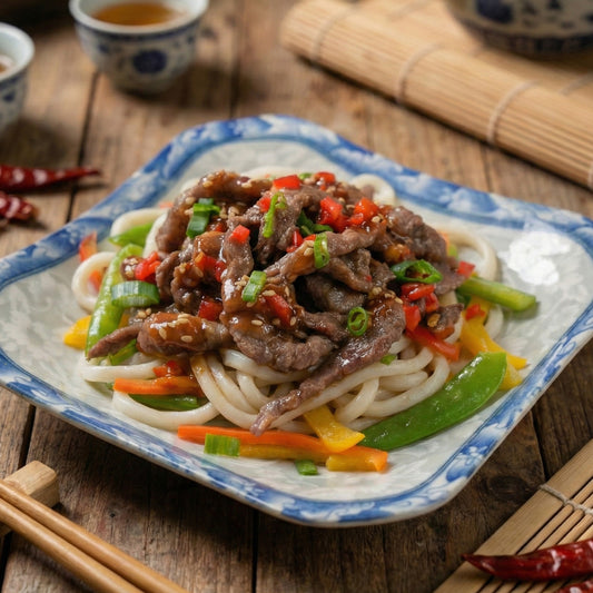 麻辣辣椒牛肉佐時令蔬菜與健康烏冬麵