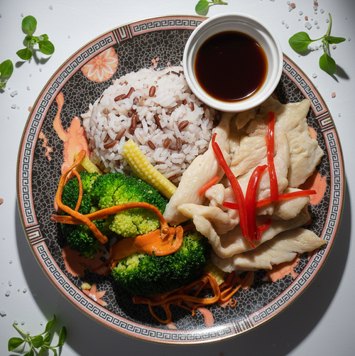 Salt Baked Chicken W/ Chinese Vegetables, Truffle Mix Grains And Sweet Soy Sauce