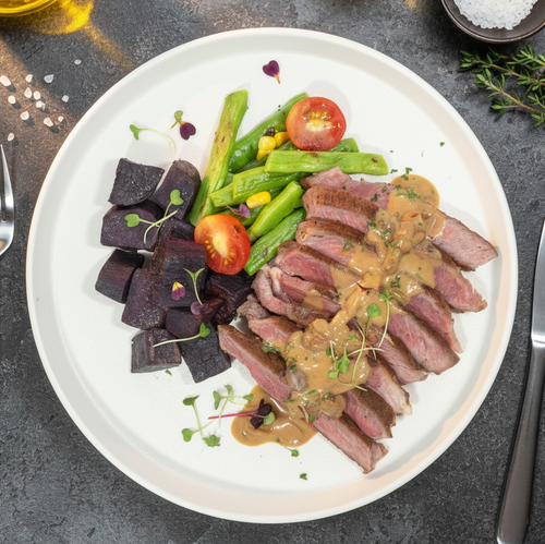 Grilled Rib-Eye Steak W/ Sautee Vegetables, Sweet Potato And Bordelaise Sauce