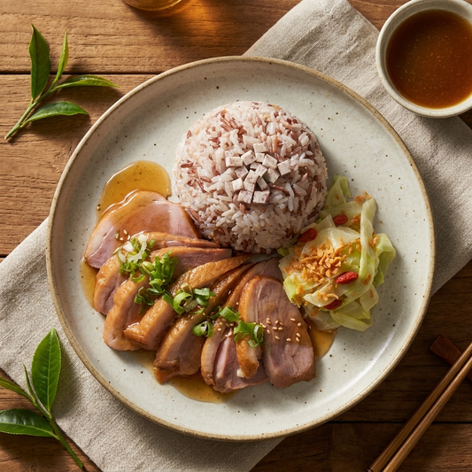 Smoked Tea Duck Breast W/ Asian Greens And Taro Mix Grain
