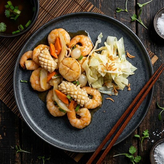 Taiwanese Style Braised Mix Seafood W/ Seasonal Vegetable