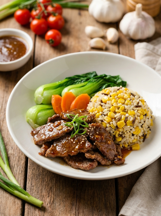 Sautee Garlic Rump Beef W/ Seasonal Vegetable And Corn Mix Grains