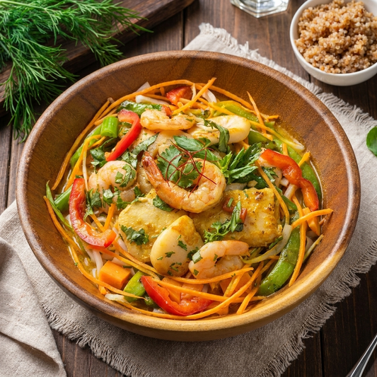 Low Fat Nyonya Seafood Curry W/ Asian Greens And Healthy Noodles