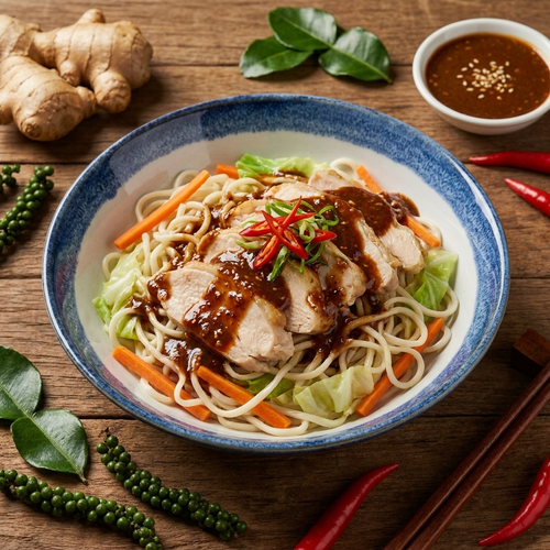 Sand Ginger Chicken W/ Seasonal Vegetable, Chinese Noodles And Low Fat Sesame Dressing