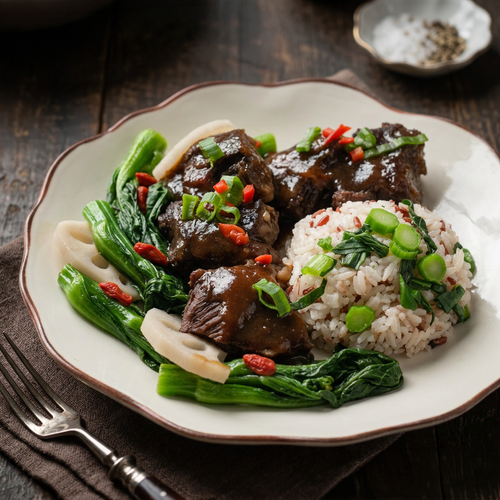 Chu Hou Braised Beef Cheek W/ Seasonal Greens And Vegetable Rice
