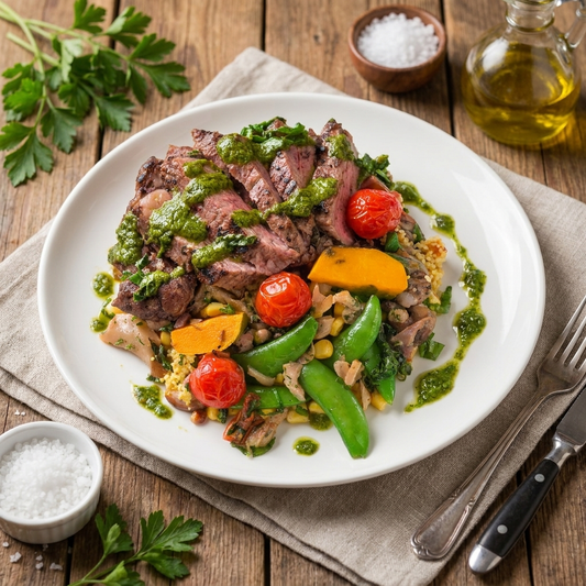 Chimichurri Grass Fed Ribeye Steak W/ Seasonal Greens And Pumpkin Cous Cous