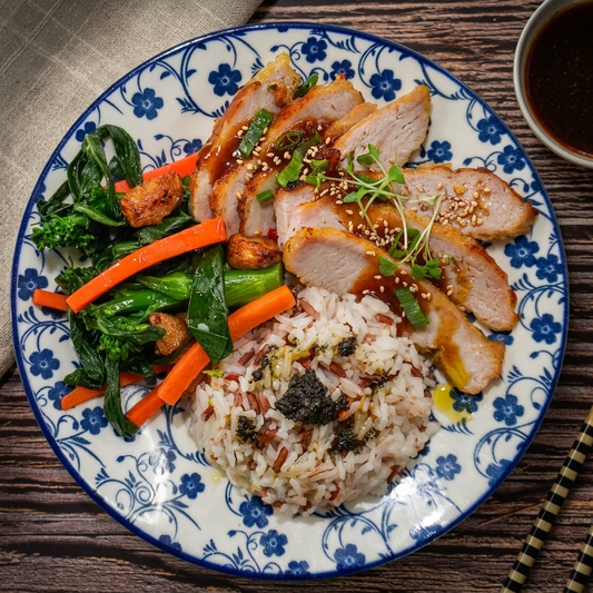 Slow Cook Char Siu Pork Loin W/ Chinese Green And Truffle Mix Grain