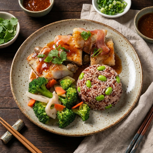 Parma Ham Braise Fish Fillet W/ Chinese Greens And Edamame Mix Grains
