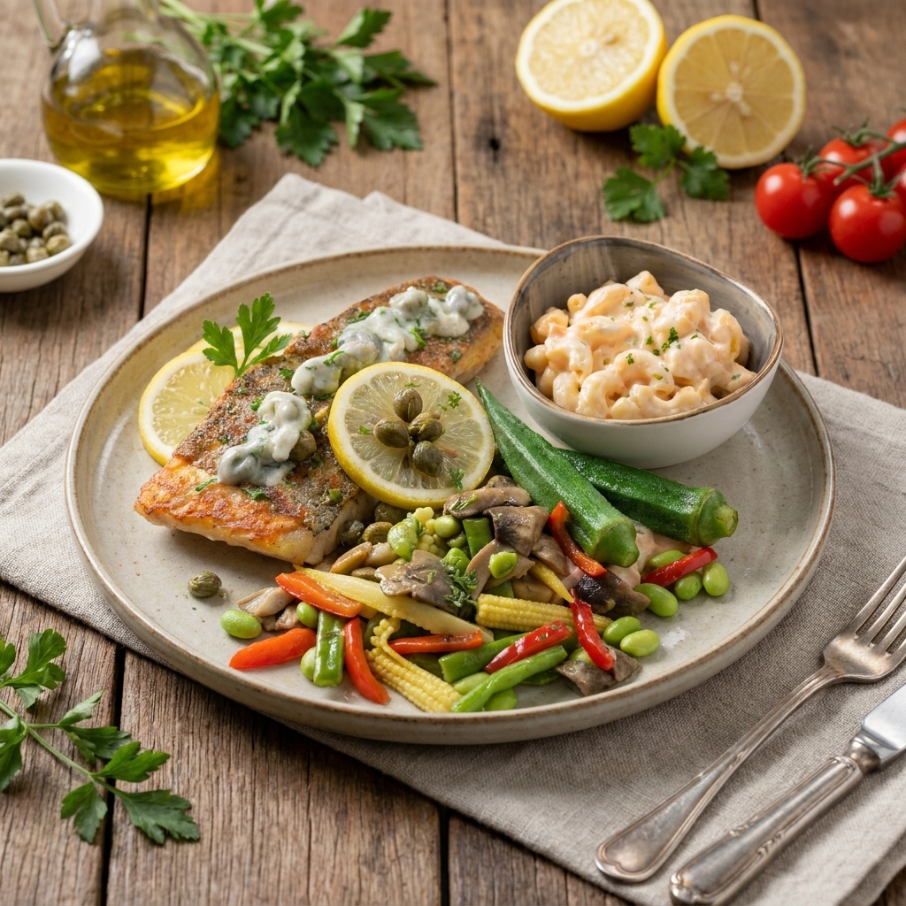 Healthy Lemon Capers Grilled Barramundi W/ Vegetables And Macaroni Salad