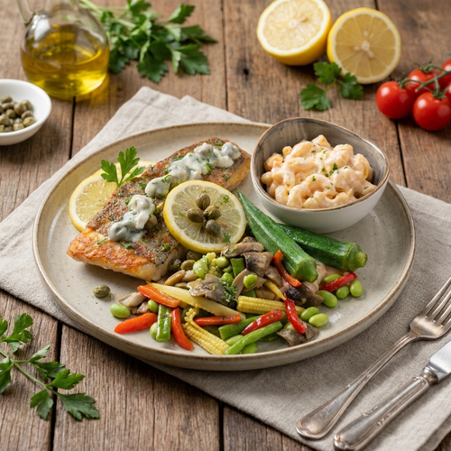 Healthy Lemon Capers Grilled Barramundi W/ Vegetables And Macaroni Salad