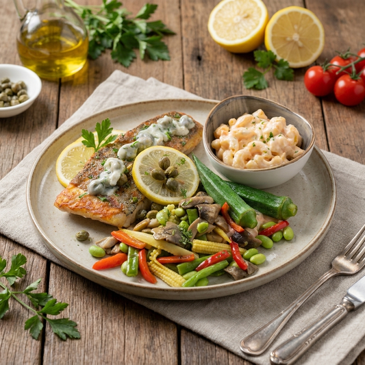 Healthy Lemon Capers Grilled Barramundi W/ Vegetables And Macaroni Salad