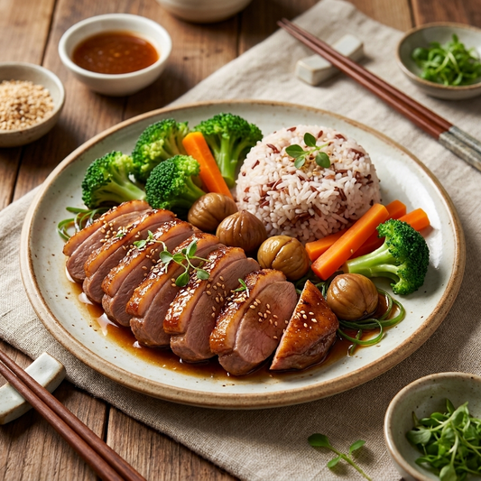 Braised Duck Breast W/ Chestnut And Fat Choy, Seasonal Vegetables And Mix Grain Rice